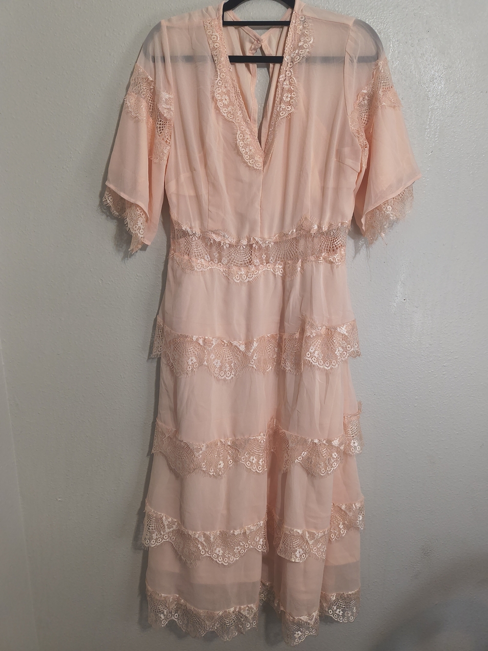 Romantic Blush Peach Lace Trim Tiered Maxi Dress Sheer Boho Cottagecore XL